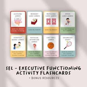 Puede incluir: Tarjetas didácticas con juegos como adivinanzas, memoria y deportes. Cada tarjeta tiene un diseño colorido con ilustraciones y texto, incluyendo "Memoria de trabajo" y "Pensamiento flexible". El conjunto se titula "SEL - Tarjetas didácticas de actividades de funcionamiento ejecutivo".