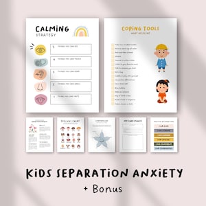Puede incluir: Un conjunto de hojas de trabajo imprimibles para niños con ansiedad por separación. Las hojas de trabajo incluyen estrategias de calma, herramientas de afrontamiento, tablas de sentimientos y una guía de lugar seguro. El título "Kids Separation Anxiety + Bonus" está en la parte inferior.