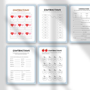 May include: A collection of five educational worksheets with a light blue border. The worksheets are titled "Contractions" and feature exercises with hearts and apples. The word "Bonus" is written in black on the left side.