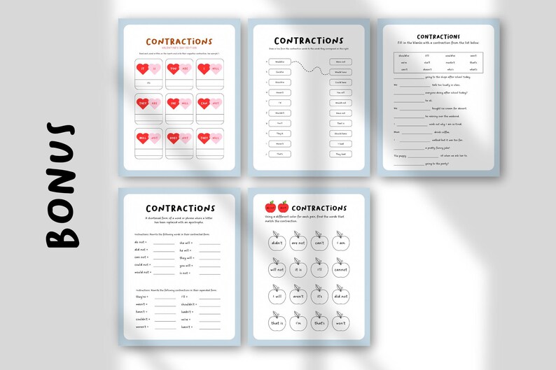 May include: A collection of five educational worksheets with a light blue border. The worksheets are titled "Contractions" and feature exercises with hearts and apples. The word "Bonus" is written in black on the left side.