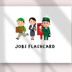 Op de afbeelding: Een witte flitskaart met de tekst JOBS FLASHCARD in zwarte letters. De illustratie toont drie figuren: een bezorger in een groen uniform met een bruine doos, een professional in een grijs pak en een postbode in een groen uniform.