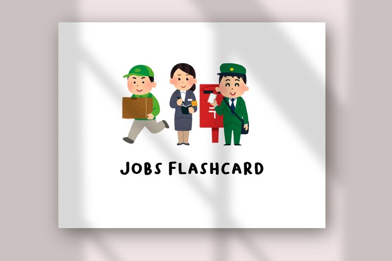 Op de afbeelding: Een witte flitskaart met de tekst JOBS FLASHCARD in zwarte letters. De illustratie toont drie figuren: een bezorger in een groen uniform met een bruine doos, een professional in een grijs pak en een postbode in een groen uniform.