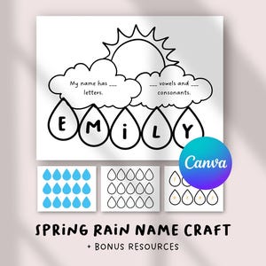 Spring Rain Name Craft, Personalized Raindrop Art, Preschool Weather & Name Recognition Activity, Fun Spring Classroom Craft Printable