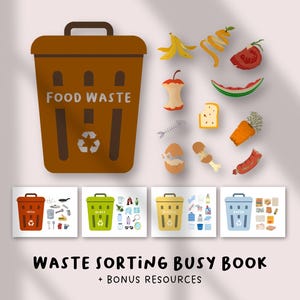 May include: An illustration of a brown food waste bin with the words "FOOD WASTE" and a recycling symbol. Various food scraps, including a banana peel, tomato, and bread, are scattered around the bin. The image also includes smaller illustrations of waste sorting bins.