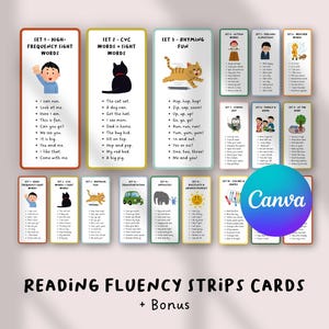 May include: Reading fluency strips cards with colorful illustrations and text. The cards are designed for educational purposes, featuring sight words, CVC words, rhyming fun, and more. The text "READING FLUENCY STRIPS CARDS + Bonus" is at the bottom.