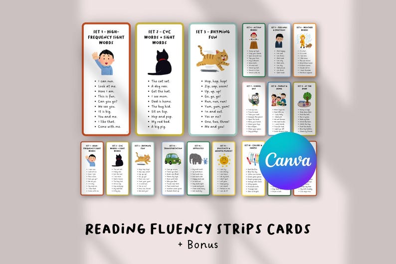 May include: Reading fluency strips cards with colorful illustrations and text. The cards are designed for educational purposes, featuring sight words, CVC words, rhyming fun, and more. The text "READING FLUENCY STRIPS CARDS + Bonus" is at the bottom.