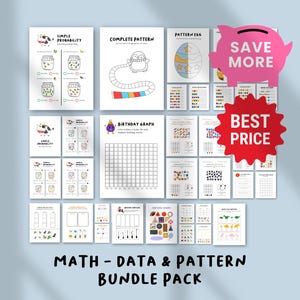 Può includere: Una raccolta di fogli di lavoro educativi stampabili per bambini. I fogli di lavoro riguardano matematica, dati e riconoscimento di schemi. Il testo "SIMPLE PROBABILITY", "COMPLETE PATTERN", "PATTERN EGG", "BIRTHDAY GRAPH" e "MATH - DATA & PATTERN BUNDLE PACK" è visibile.