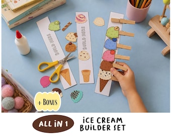 May include: An ice cream builder set featuring paper strips with the text BUILD HERE, various printed ice cream scoop cutouts, a waffle cone, yellow scissors, and wooden clothespins. The set includes a bonus label and the text ALL IN 1 ICE CREAM BUILDER SET.