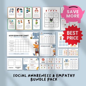 May include: A bundle of educational resources focused on social awareness and empathy. The image shows flashcards, a bingo game, and behaviour charts. A pink piggy bank graphic and a red "Best Price" sticker are also visible.