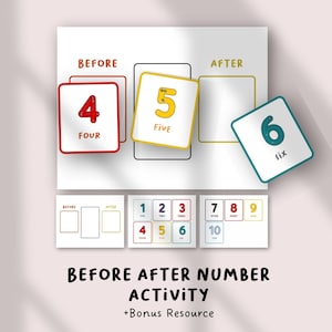 Puede incluir: Actividad educativa con tarjetas de números que muestran las palabras "Antes" y "Después". Las tarjetas muestran los números 4, 5 y 6, con sus formas escritas. La imagen también incluye una tabla con los números del 1 al 10.