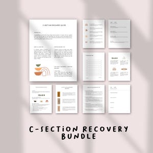 May include: A collection of white paper documents with text and illustrations, arranged on a light pink surface. The documents include a "C-SECTION RECOVERY GUIDE" and a "C-SECTION RECOVERY BUNDLE" title. The illustrations feature abstract shapes and lines in earth tones.