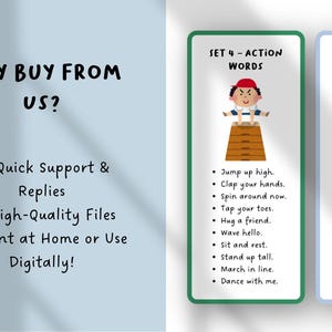 May include: Educational flashcards with action words and feelings. The cards feature illustrations of children and lists of words like "Jump up high" and "I feel happy." The text "Why buy from us?" is also visible.