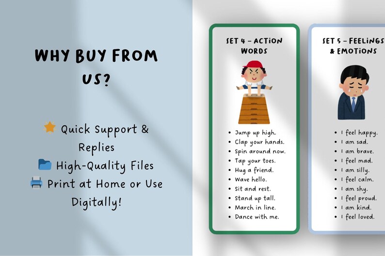 May include: Educational flashcards with action words and feelings. The cards feature illustrations of children and lists of words like "Jump up high" and "I feel happy." The text "Why buy from us?" is also visible.