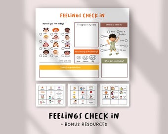May include: A white Feelings Check-In chart with illustrations of faces expressing different emotions. The chart includes sections for identifying feelings, their intensity, and needs. The text "Feelings Check In + Bonus Resources" is at the bottom.