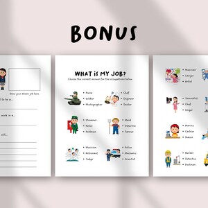 Op de afbeelding: Drie educatieve werkbladen met de titels BONUS en WHAT IS MY JOB? met illustraties van verschillende beroepen, waaronder een soldaat, kok, politieagent en astronaut, met lege regels om te schrijven en meerkeuzevragen om te koppelen.