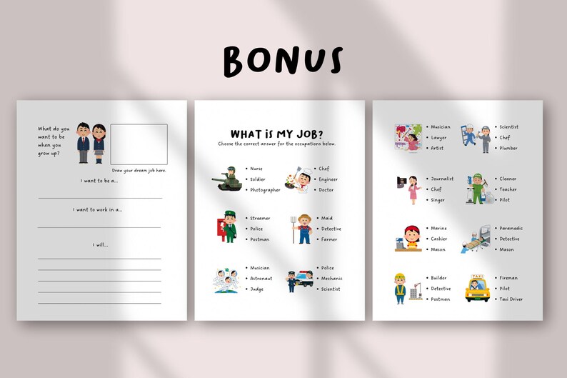 Op de afbeelding: Drie educatieve werkbladen met de titels BONUS en WHAT IS MY JOB? met illustraties van verschillende beroepen, waaronder een soldaat, kok, politieagent en astronaut, met lege regels om te schrijven en meerkeuzevragen om te koppelen.