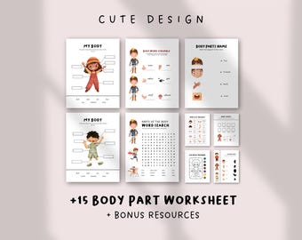 May include: A set of 15 printable worksheets for kids to learn about the human body. The worksheets feature colorful illustrations of children and include activities like matching body parts to their names, word searches, and coloring pages. The text on the worksheets includes "My Body", "Body Parts Name", "Parts of the Body Word Search", and "Color the Pictures".