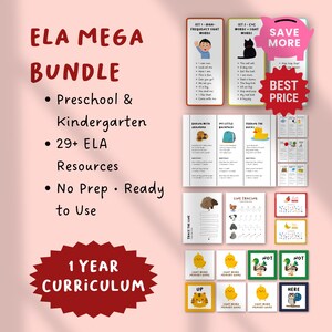 May include: A bundle of educational resources for preschool and kindergarten, featuring 29+ ELA resources. The image includes flashcards, worksheets, and a 'Best Price' tag. The text reads 'ELA MEGA BUNDLE' and '1 YEAR CURRICULUM'.