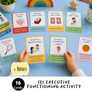 May include: A set of 16 educational activity cards titled SEL Executive Functioning Activity, featuring colorful illustrations and text for games like Guessing, Memory, Matching, Speed, Organised Sport, Strategy Board, Physical Attention, and Fast Ball.