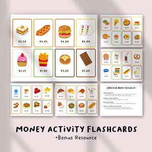 May include: A set of money activity flashcards featuring illustrations of various food items like cake, pizza, and a hamburger, each with a price tag. The cards are designed for educational purposes and include a bonus resource. The text "MONEY ACTIVITY FLASHCARDS + Bonus Resource" is visible.