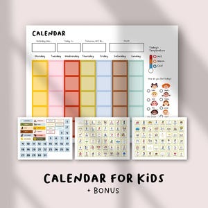 Op de afbeelding: Een kleurrijke educatieve kalender voor kinderen met een weekrooster van zeven kolommen, een temperatuurmeter en een emotiekaart. De set bevat drie extra vellen met diverse iconen, maanden en cijfers voor de dagelijkse planning.