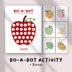 Könnte beinhalten: Ein weißes Arbeitsblatt mit einer großen roten Apfelillustration mit weißen Punkten. Der Text "DO-A-DOT" und "Apple" sind sichtbar. Zusätzliche Karten zeigen andere Früchte und Gemüse mit Punktmustern.