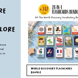 May include: A 28-in-1 flashcards bundle titled 04 The World Discovery Vocabulary Builder, featuring 342 cards with illustrations of items like Mercury, a bear, a fire station, and the French flag, all organized on metal rings.