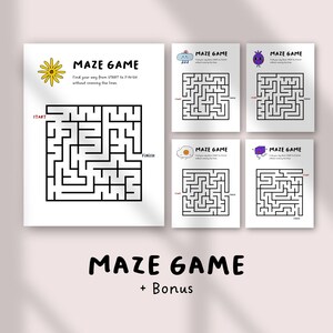 May include: A collection of maze game printables. The main sheet features a large maze with a sunflower illustration and the text "MAZE GAME". Additional sheets display smaller mazes with various cartoon illustrations. The text "MAZE GAME + Bonus" is also present.