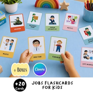 Op de afbeelding: Een set educatieve flashcards met illustraties van diverse beroepen, waaronder soldaat, bezorger, machinist, kunstenaar, postbode, verpleegkundige, arts, boer en ambulanceverpleegkundige, voorzien van tekstlabels voor elke functietitel.