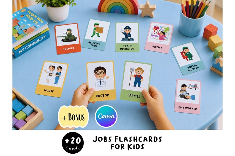 Op de afbeelding: Een set educatieve flashcards met illustraties van diverse beroepen, waaronder soldaat, bezorger, machinist, kunstenaar, postbode, verpleegkundige, arts, boer en ambulanceverpleegkundige, voorzien van tekstlabels voor elke functietitel.