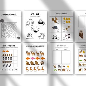 May include: A collection of educational activity pages for children. The pages include mazes, coloring, counting, sorting, and pattern recognition exercises. The pages feature illustrations of animals and objects, with the word "BONUS" in large letters on the left.
