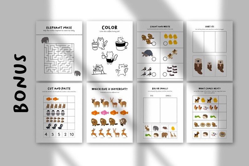 May include: A collection of educational activity pages for children. The pages include mazes, coloring, counting, sorting, and pattern recognition exercises. The pages feature illustrations of animals and objects, with the word "BONUS" in large letters on the left.