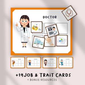 Könnte beinhalten: Lehrkarten-Set mit dem Thema Arzt. Das Hauptbild zeigt einen Cartoon-Arzt im weißen Kittel. Zusätzliche Karten zeigen medizinische Geräte, Röntgenaufnahmen und ein Krankenhaus. Das Set enthält +19 Berufs- und Charaktereigenschaftskarten.