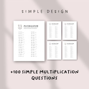 May include: A printable worksheet with over 100 simple multiplication questions. The worksheet features a cartoon animal illustration and the text "MULTIPLICATION".