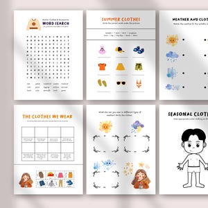 May include: A set of six educational activity sheets featuring themes of weather and clothing. The pages include a word search, matching exercises, and fill-in-the-blank tasks with colorful illustrations of seasonal garments, suns, clouds, and a child figure.