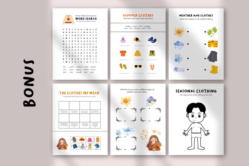 May include: A set of six educational activity sheets featuring themes of weather and clothing. The pages include a word search, matching exercises, and fill-in-the-blank tasks with colorful illustrations of seasonal garments, suns, clouds, and a child figure.