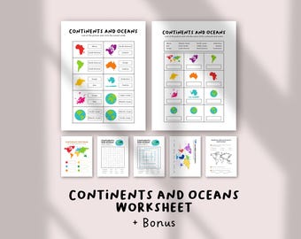 Continents and Oceans Worksheet Printable | World Geography Activity, Map Reading for Kids, Homeschool Social Studies, Teaching Resource