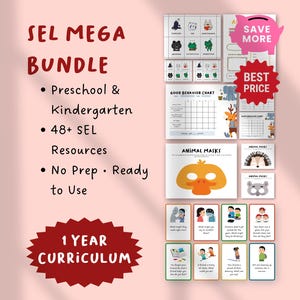May include: A bundle of educational resources for preschool and kindergarten, featuring a good behavior chart, animal masks, and social-emotional learning (SEL) materials. The image includes the text "SEL MEGA BUNDLE" and "1 YEAR CURRICULUM".