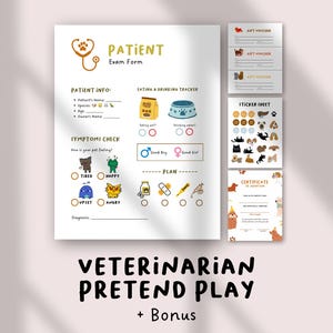 May include: A white paper set for veterinarian pretend play, featuring a patient exam form, eating and drinking tracker, and symptom check. Includes bonus items like gift vouchers, a sticker sheet, and a certificate. The text "VETERINARIAN PRETEND PLAY + Bonus" is at the bottom.