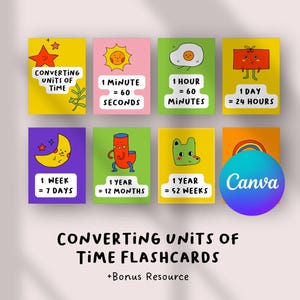 Puede incluir: Un conjunto de ocho tarjetas didácticas coloridas que ilustran las conversiones de tiempo. Cada tarjeta presenta una ilustración caprichosa, como una estrella, un sol o un huevo, y una conversión de unidad de tiempo. El título "CONVERTING UNITS OF TIME FLASHCARDS" se muestra debajo.