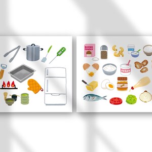 May include: Two illustrated panels featuring kitchen and cooking items. The left panel shows cooking utensils, a scale, a slow cooker, a pot, a baking pan, a refrigerator, and a stove. The right panel displays baking ingredients, spices, and various food items.