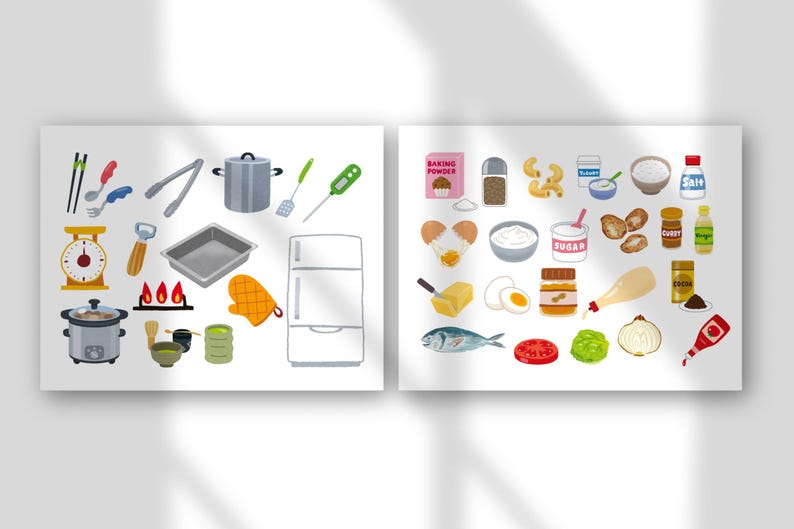 May include: Two illustrated panels featuring kitchen and cooking items. The left panel shows cooking utensils, a scale, a slow cooker, a pot, a baking pan, a refrigerator, and a stove. The right panel displays baking ingredients, spices, and various food items.