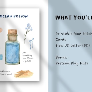 以下が含まれることがあります： 「Ocean Potion」レシピカードの水彩イラスト。カードには貝殻、青いポーションボトル、説明の画像が含まれています。右側のテキストには「What You'll Get: Printable Mud Kitchen Recipe Cards, Size: US Letter (PDF & PNG), Bonus: Pretend Play Hats」と書かれています。
