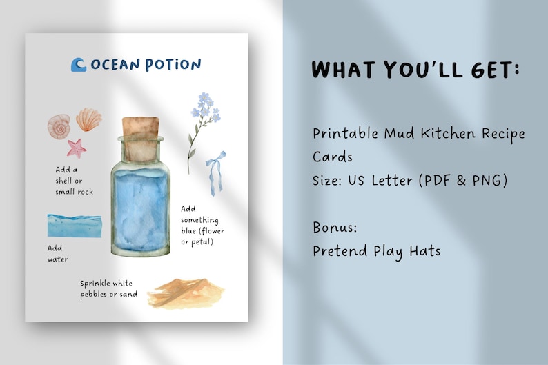 以下が含まれることがあります： 「Ocean Potion」レシピカードの水彩イラスト。カードには貝殻、青いポーションボトル、説明の画像が含まれています。右側のテキストには「What You'll Get: Printable Mud Kitchen Recipe Cards, Size: US Letter (PDF & PNG), Bonus: Pretend Play Hats」と書かれています。