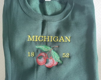 Michigan Cherry Crewneck | Michigan Embroidery | Michigan Vintage Crewneck | Fall Crew Embroidery | Forrest Green Crewneck | Minimalist Crew