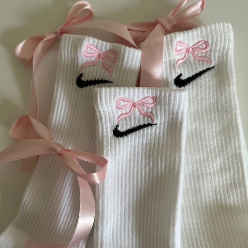 Embroidered Pink Bow Crew Socks, Coquette Crew Socks, Bow Crew Socks