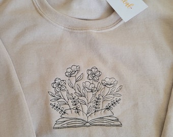 Flower Garden Embroidery floral open book minimalist custom embroidered Tshirt crewneck sweatshirt