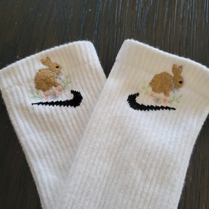 Easter Rabbit Bunny Floral Gift Custom Embroidered White Trendy Y2k Crew Socks