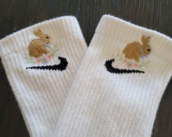 Easter Rabbit Bunny Floral Gift Custom Embroidered White Trendy Y2k Crew Socks