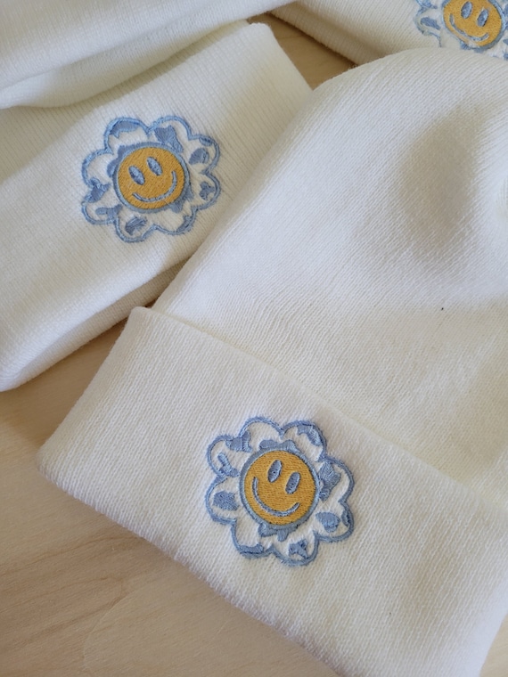 Cowprint Smile Flower Trendy Custom embroidered White Beanie